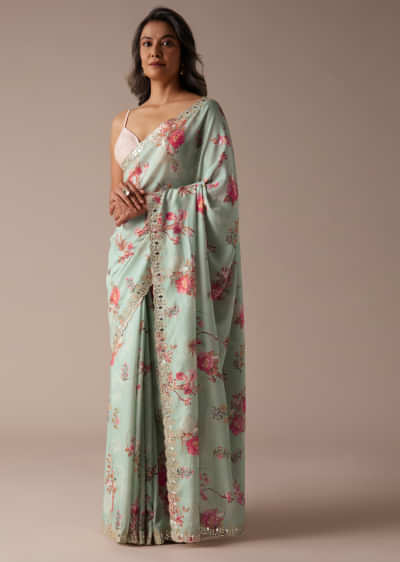 Mint Blue Saree In Muslin With Floral Print And Embroidery In Gotta Patti Work