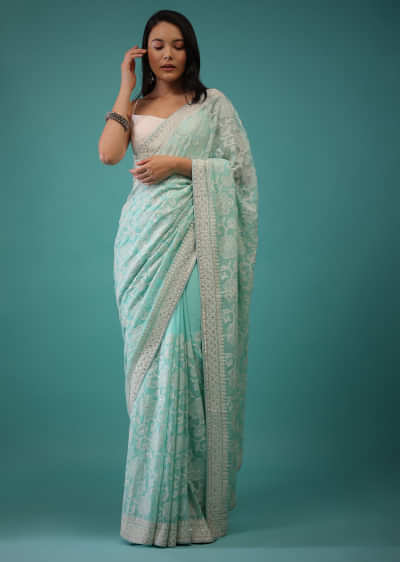 Mint Green Lucknowi Saree With Mirrored Work, White Beads Embroidery Buttis All Over