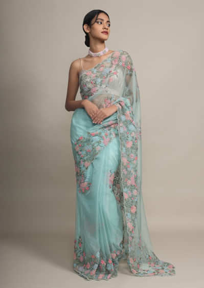 Mint Saree In Organza With Colorful Resham And Beads Embroidered Floral Design On The Border  
