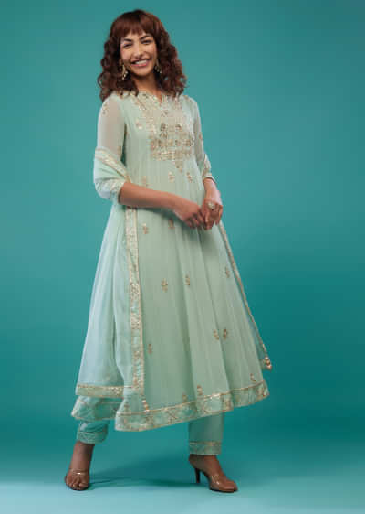 Powder Blue Embroidered Pant Suit Set In Georgette