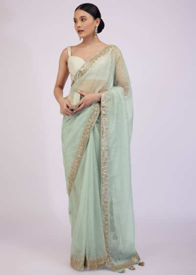 Frost White Saree In Organza With Foil Print And Embroidery