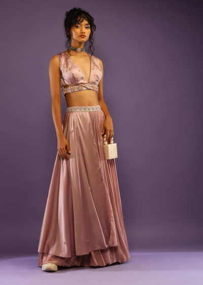 Misty Rose Pink Palazzo And Crop Top With Attached Satin Drape And Multi Colored Bead Work