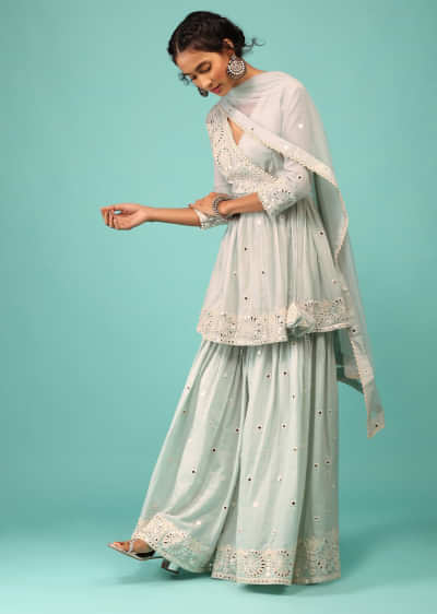 Morning Mist Blue Sharara Suit In Cotton With Lucknowi Floral Embroidery & Angarakha Peplum Top