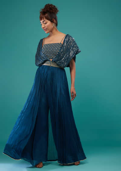 Party wear embroidered soft slik printed crop top with palazzo pant and  Long shrug Set of 3-02871}