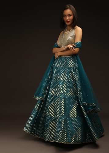 Mosaic Blue Lehenga In Silk With Brocade Woven Stripes And Flowers And Heavy Embroidered Choli