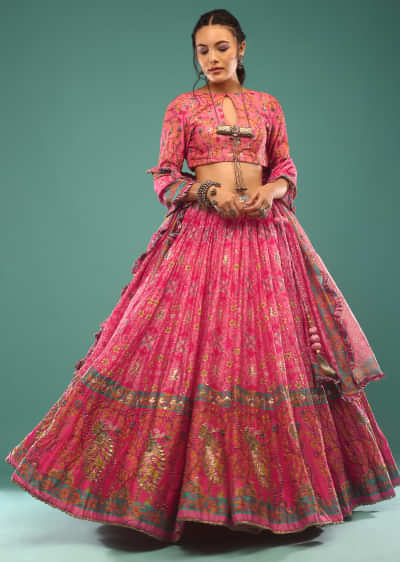 Multi-Colored Lehenga In Jaipuri Folk Art Print. Paired With The Choli And Dupatta In Gotta Patti And Beaded Embroidery