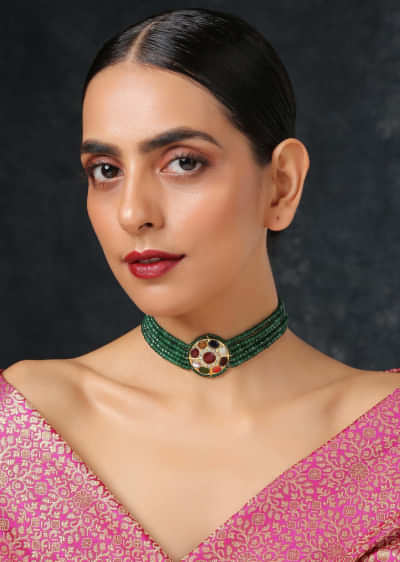Multi Colored Necklace With Green Stone Strings And Navratna Stone Studded Pendant