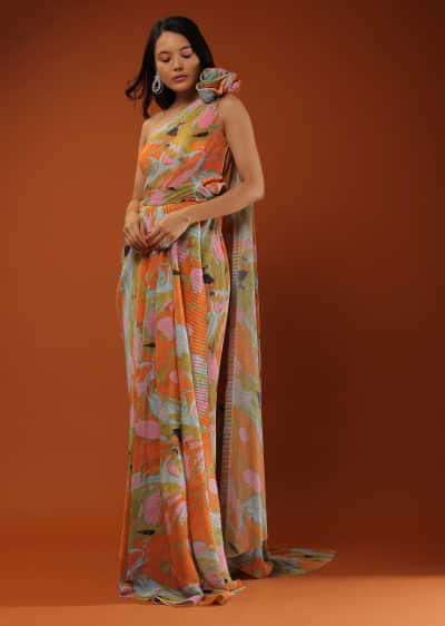 Multicolor Gown In Abstract Print With One Shoulder, Crafted In Crush With A Veil On One Shoulder
