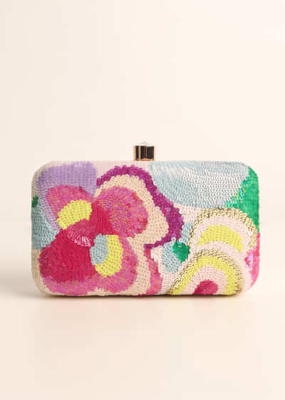 Multicolored Abstract Flower Pattern Sequins Embroidered Raw Silk Clutch