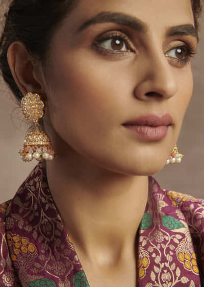 Multicolored Polki Jhumkas In Gold Plated Silver Alloy