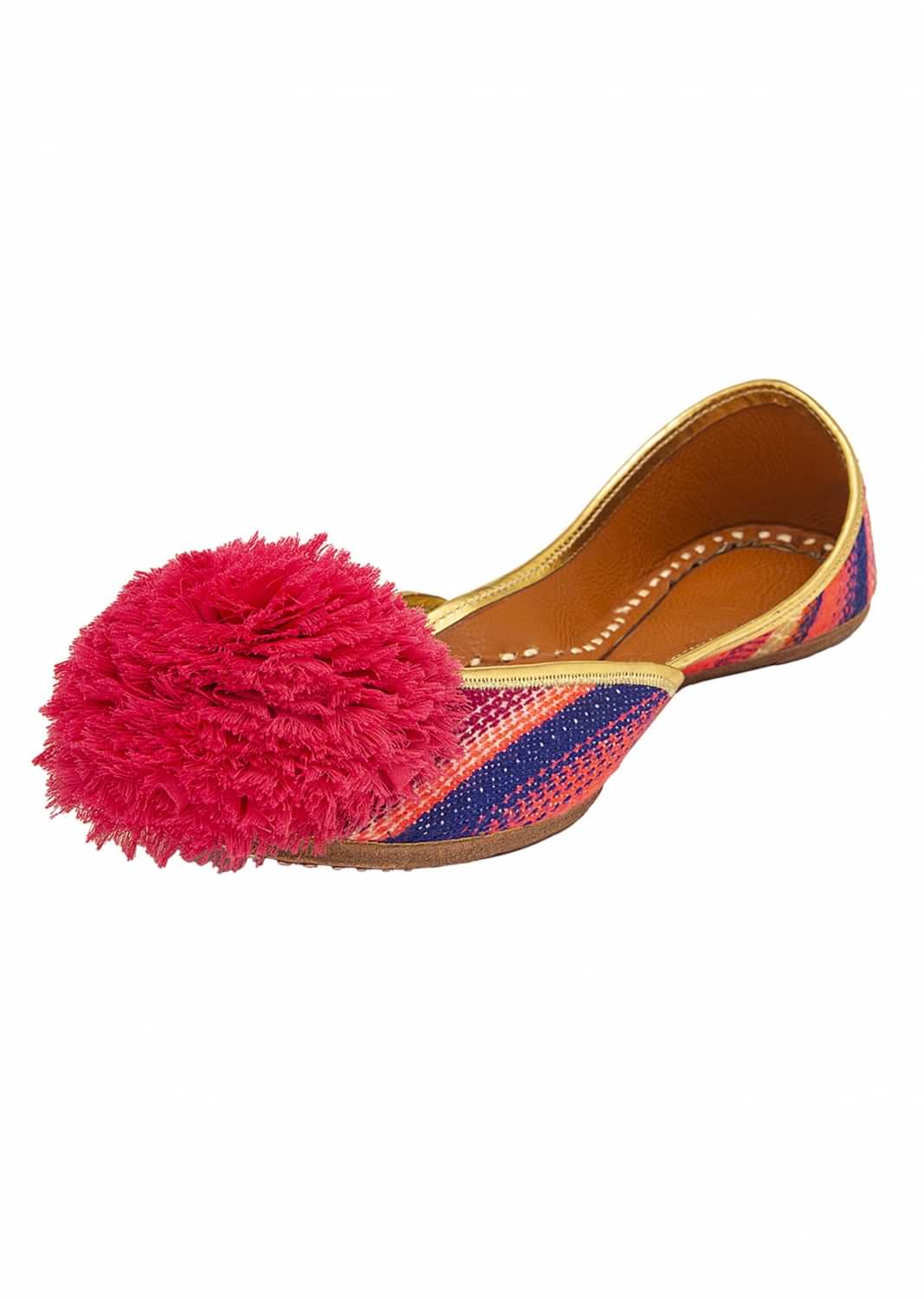 Multicoloured Juttis In A Quirky & Chicy Look With A Huge Pink Pom-Pom
