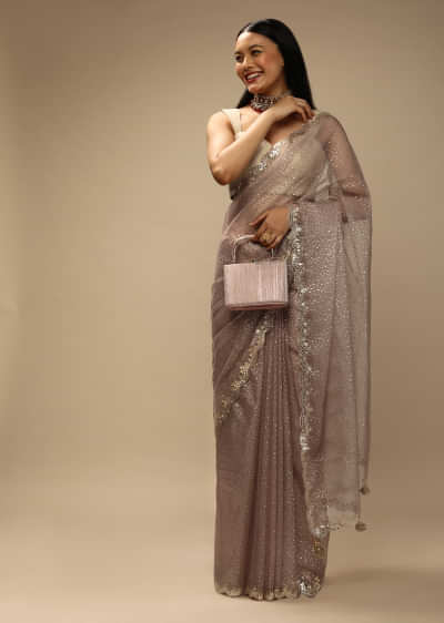 Mushroom Taupe Saree In Organza With Foil Printed Scattered Dots And Mirror Embroidered Scallop Border