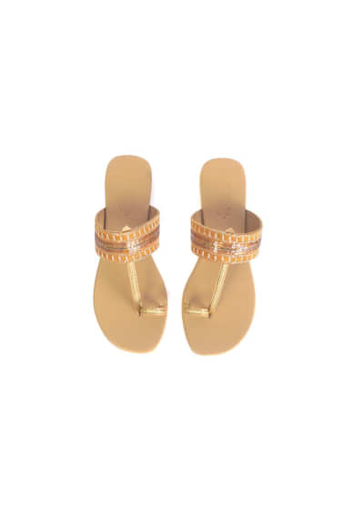 Mustard Kolhapuri Flats With Gold Sequins And Zari Work By Sole House