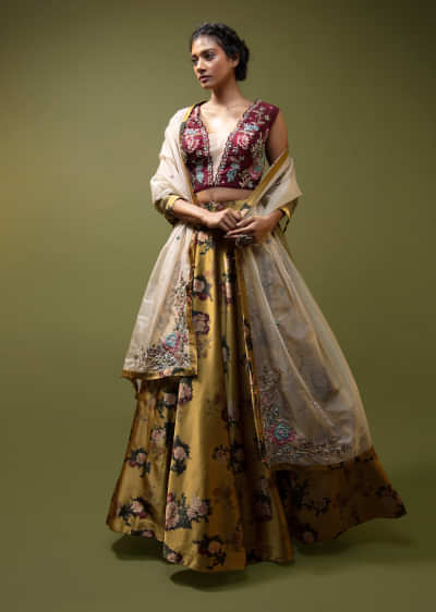 Mustard Lehenga In Satin With Floral Print And A Maroon Hand Embroidered Choli With Multi Color Resham And Zardosi Detailing 