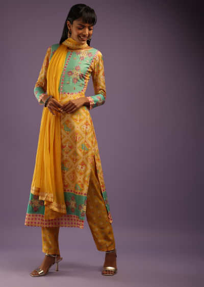 Mustard And Mint Straight Cut Suit In Cotton Silk With Patola Print  