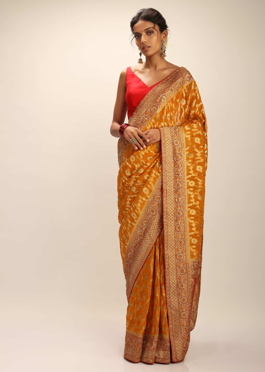 Mustard Banarasi Saree In Georgette With Woven Floral Jaal And Zardosi Embroidery Detailing  