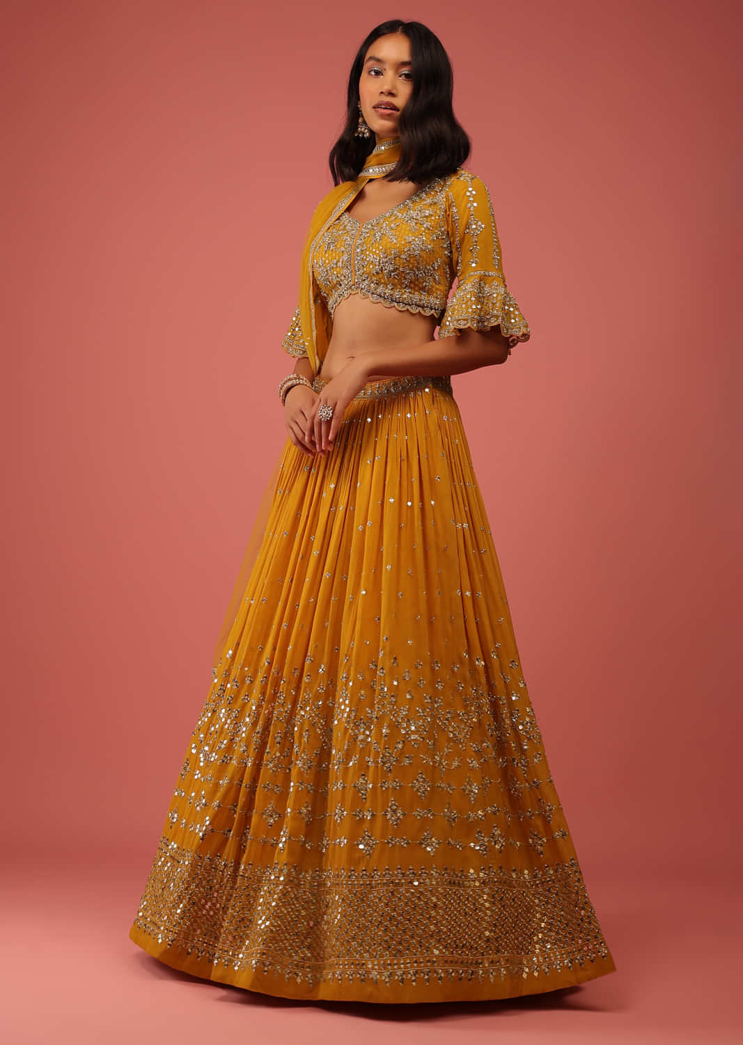 Mustard Lehenga In Georgette With Sequin Abla Embroidery And Ruffle Sleeved Choli