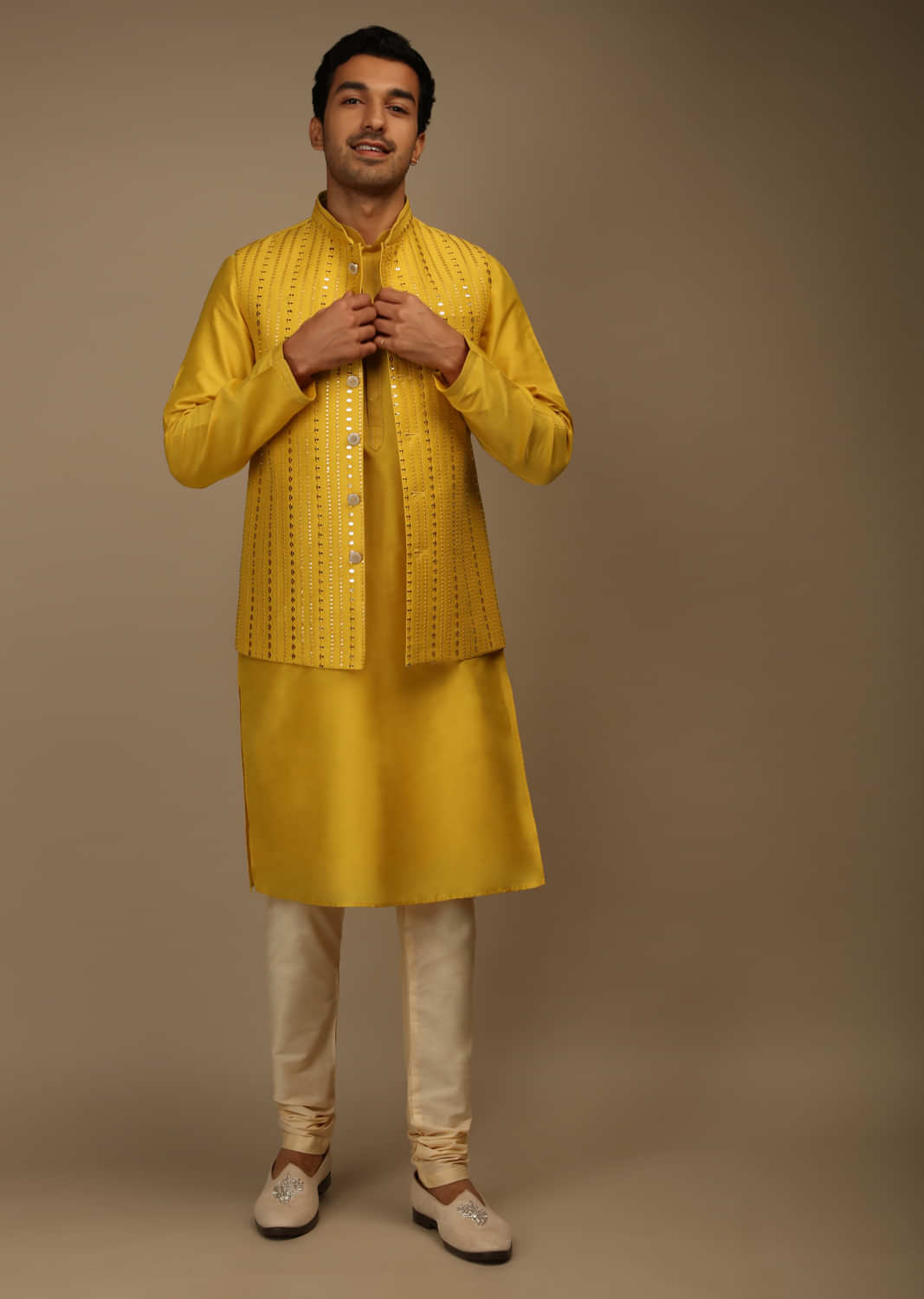 Mustard Nehru Jacket And Kurta Set In Silk With Resham And Sequins Abla Embroidered Striped Design