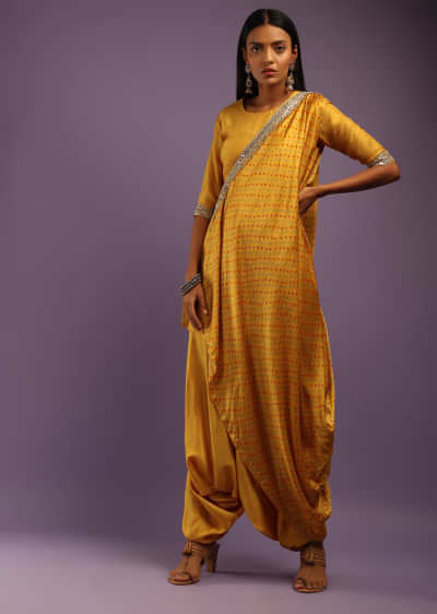 Mustard Yellow Dhoti Suit With Bandhani Printed One Sided Cowl Jacket  
