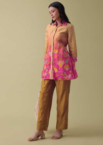 Mustard Yellow Floral Printed Co-ord set In Tussar