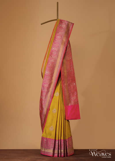 Mustard Yellow Handloom Banarasi Saree In Katan Silk With Meenakari Border And Unstitched Blouse