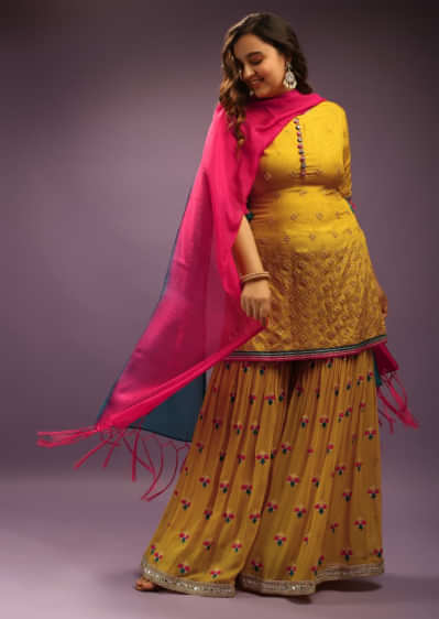 Mustard Yellow Palazzo Suit With Mirror Abla Work And Thread Embroidered Buttis  