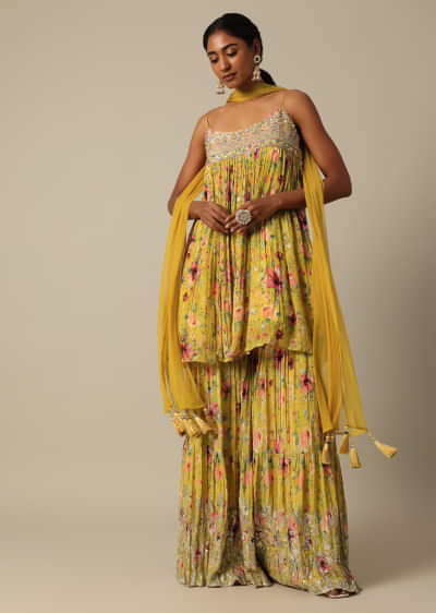 Mustard Yellow Printed Kurta Sharara Set With Sequins