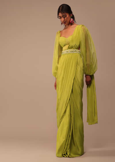Buy Mustard Yellow Crepe Saree With Ruffle Layered Blouse And Embroidered  Belt