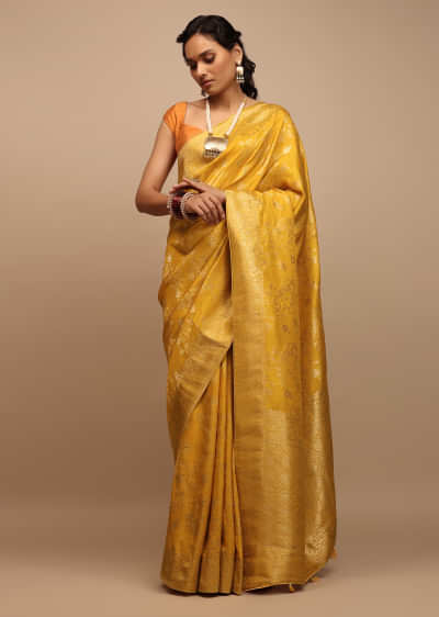 Mustard Yellow Saree In Dola Silk With Woven Floral Jaal And Moroccan Weave On The Pallu