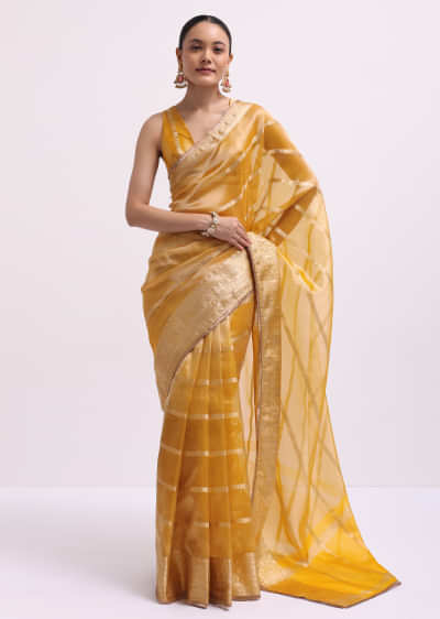 Mustard Yellow Zari Woven Chanderi Saree With Unstitched Blouse