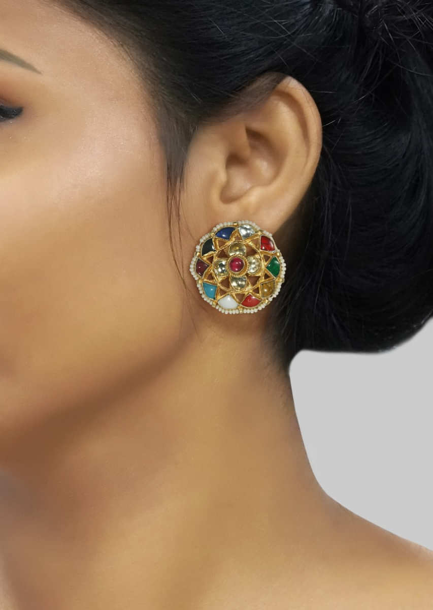 Navratna Colored Pachi Kundan Earrings Studded With Pearls By Tizora