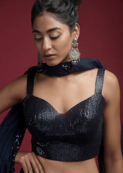 Navy Blue Blouse Embellished In Sequins With Corset Neckline