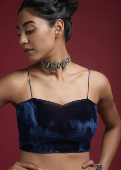 Navy Blue Blouse In Velvet With Spaghetti Straps On The Shoulders