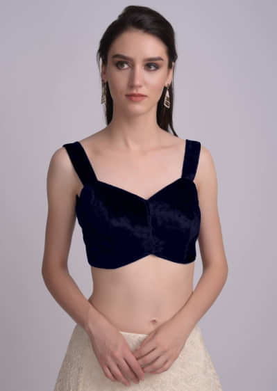Navy blue Blouse In Velvet With Sweetheart Neckline And  Curved Hem