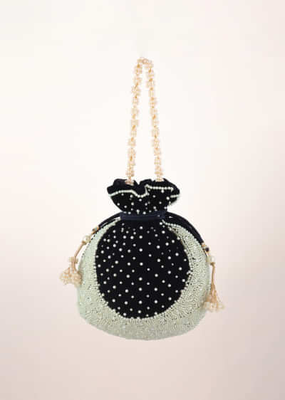 Navy Blue Potli Bag In Velvet With Moti Work In Crescent Design Along The Edge And Scattered In The Centre By Shubham