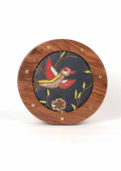 Navy Blue Round Clutch With Vintage Wooden Frame And Embroidery In Bird Motif Online - Kalki Fashion