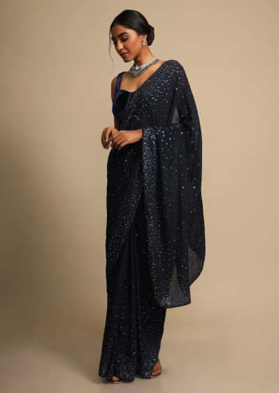 Navy Blue Saree In Chiffon With Sequins Work In Gradient Pattern  