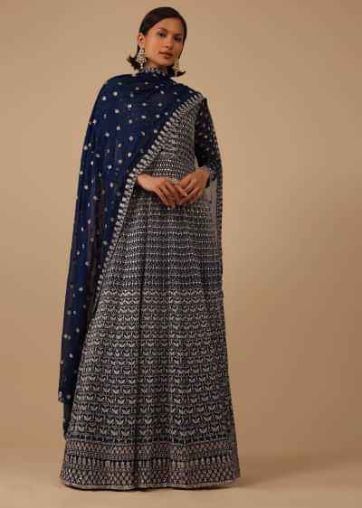 Navy Blue Anarkali Suit Set In Georgette With Thread Work All Over