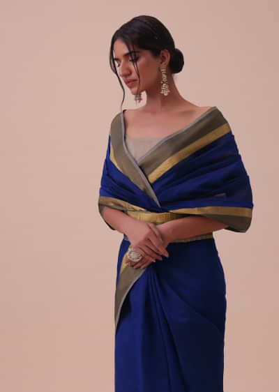 Navy Blue Chanderi Cotton Silk Saree With Jute Pallu