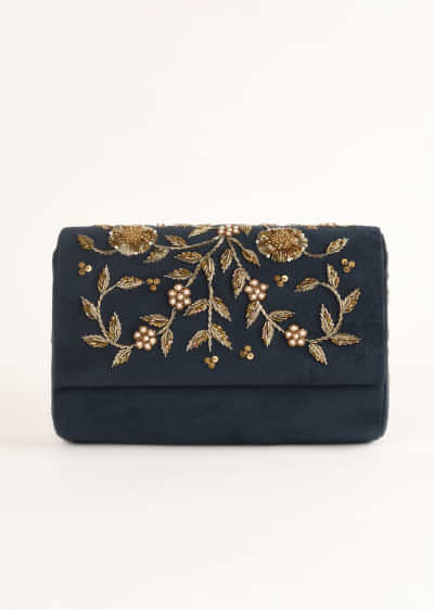 Navy Blue Clutch In Suede With Zardosi Embroidered Floral Motifs Online - Kalki Fashion