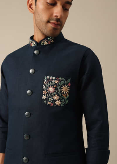 Navy Blue Embroidered Jacket Kurta Set In Linen