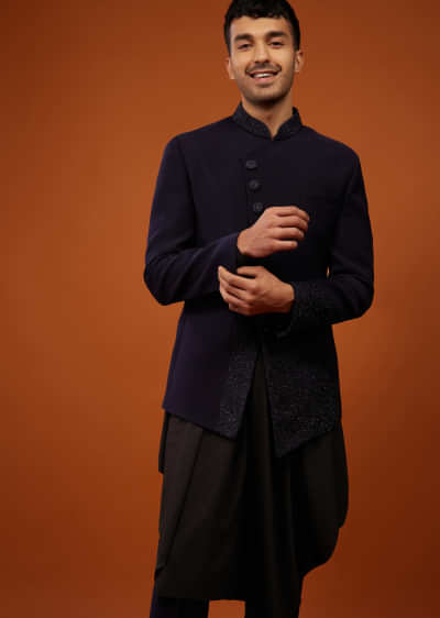 Navy Blue Indo-Western Sherwani Set Embroidered In Imported Suiting Fabric