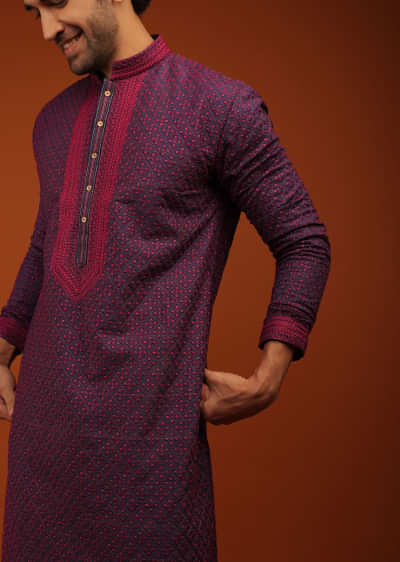 Navy Blue Kurta Set In Lucknow Embroidery