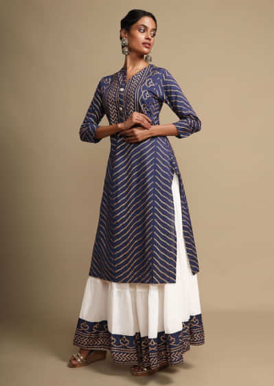 Tina Datta In Kalki Navy Blue Kurti Set With Bandhani Foil Printed Chevron Design And Off White Skirt