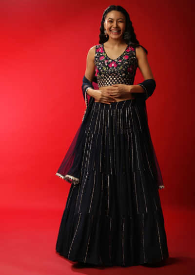 Navy Blue Lehenga Choli With Sequins Stripes And Multi Colored Resham Work 