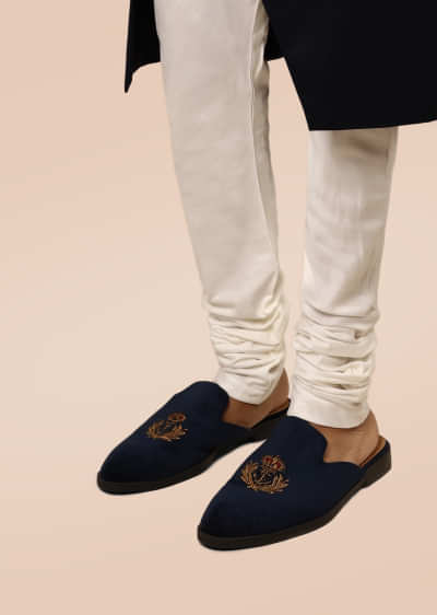 Navy Blue Mules In Suede With Zari Embroidered Motif 