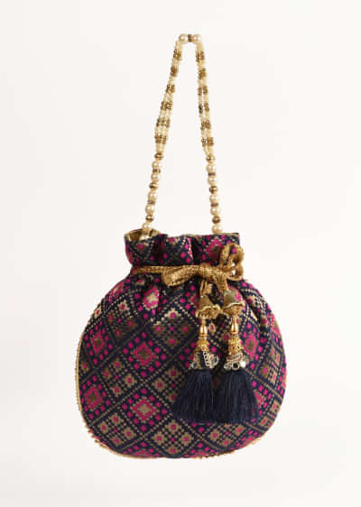 Navy Blue Potli Bag In Brocade Silk With Geometric Jaal Design Online - Kalki Fashion