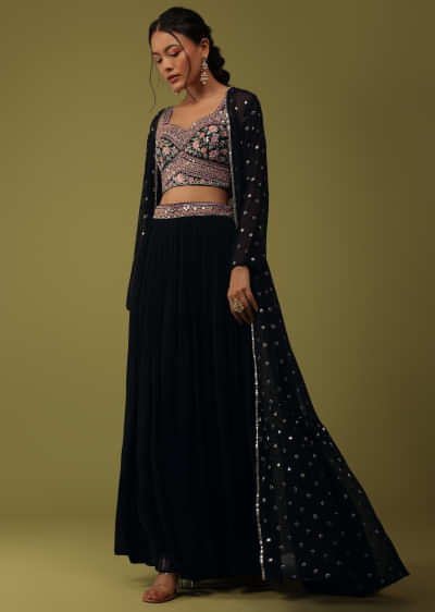 Navy Blue Santoon Crop Top And Palazzo Set With Floral Embroidery