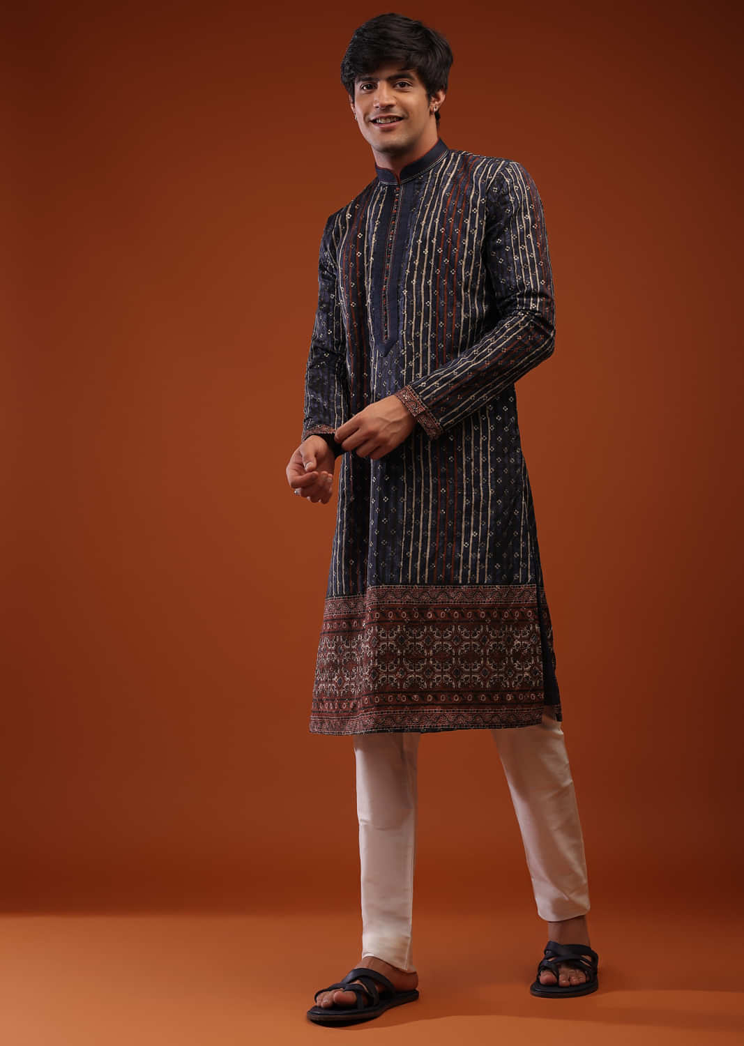 Night Blue Silk Kurta Set With Multi-Color Block Print, Sequins Embroidery And Flora Buttis In Thread Work