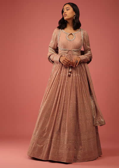Nude Beige Anarkali Suit In Georgette With Lucknowi Resham Work And Attached Jacket Design